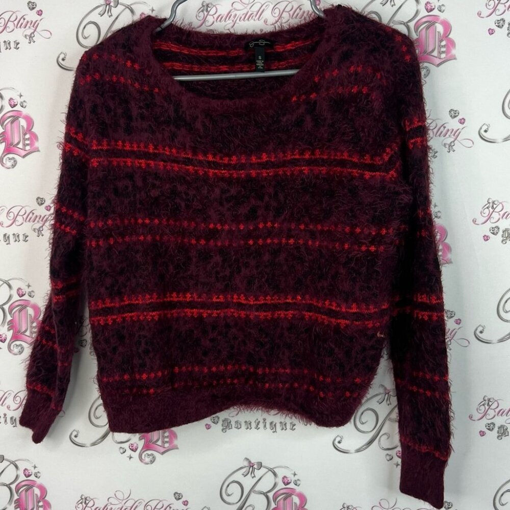 Jessica Simpson sweater furry fuzz stripes Burgundy and Red Fuzzy Sweater
